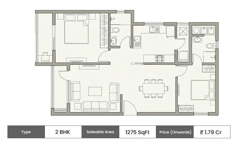 Brigade WTC Whitefield 2 BHK floor plan, 1275 sq ft saleable area