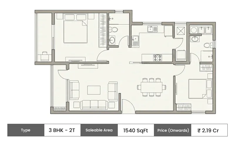 Brigade WTC Whitefield 3 BHK + 2T floor plan, 1540 sq ft saleable area